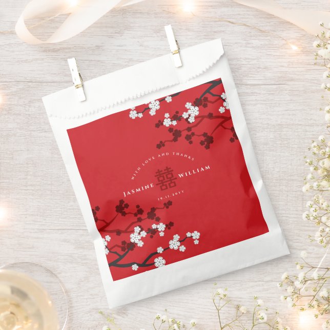 Cherry Blossoms & Double Happiness Chinese Wedding Favor Bag (Clipped)