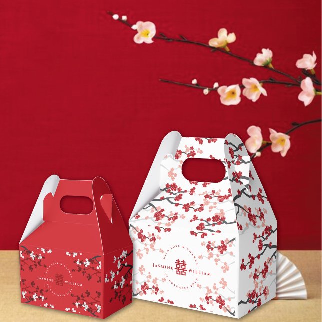 Cherry Blossoms & Double Happiness Chinese Wedding Favor Boxes (Red/White Cherry Blossoms Double Happiness Chinese Wedding Party Favor Boxes @ fatfatin_red_knot)