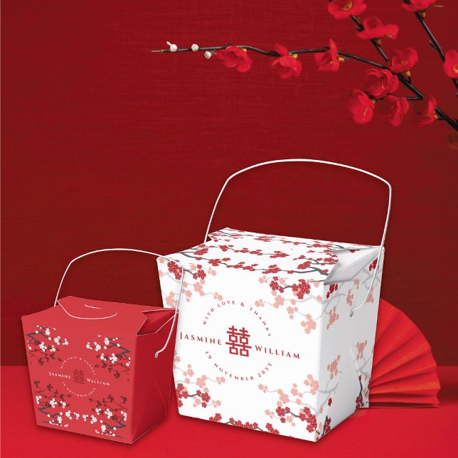 Cherry Blossoms & Double Happiness Chinese Wedding Favor Boxes (Red/White Cherry Blossoms Double Happiness Chinese Wedding Party Favor Boxes @ fatfatin_red_knot)
