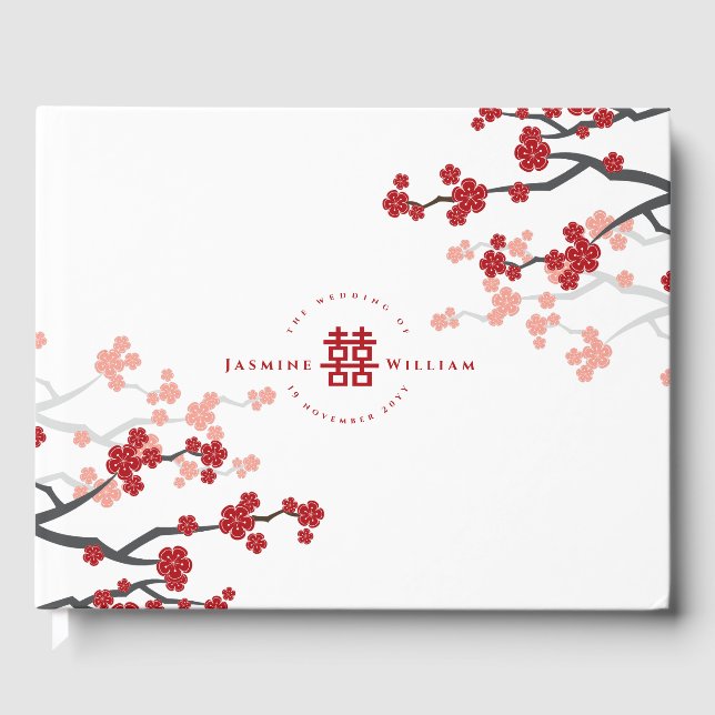 Cherry Blossoms & Double Happiness Chinese Wedding Guest Book (Front)