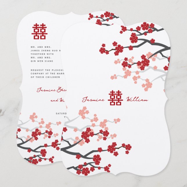Cherry Blossoms Double Happiness Chinese Wedding Invitation (Front/Back)