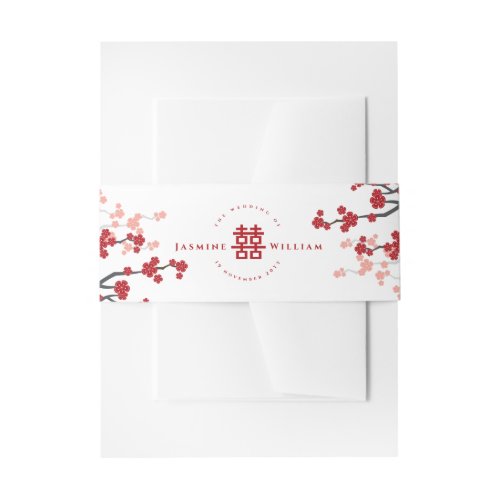 Cherry Blossoms  Double Happiness Chinese Wedding Invitation Belly Band
