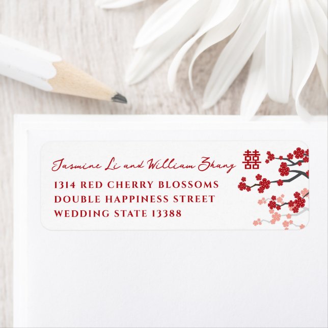 Cherry Blossoms Double Happiness Chinese Wedding Label (Insitu)