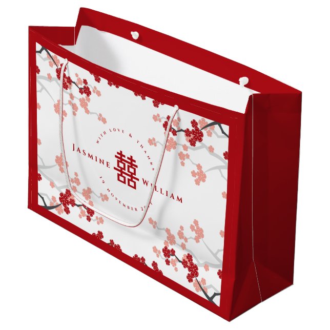 Cherry Blossoms & Double Happiness Chinese Wedding Large Gift Bag (Front Angled)