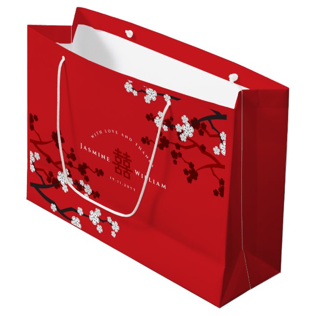 Cherry Blossoms & Double Happiness Chinese Wedding Large Gift Bag (Front Angled)