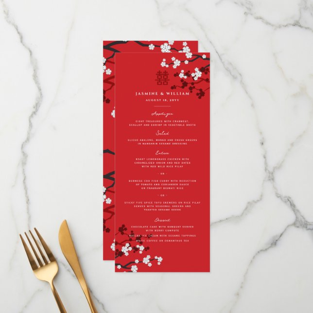 Cherry Blossoms Double Happiness Chinese Wedding Menu (Front/Back In Situ)
