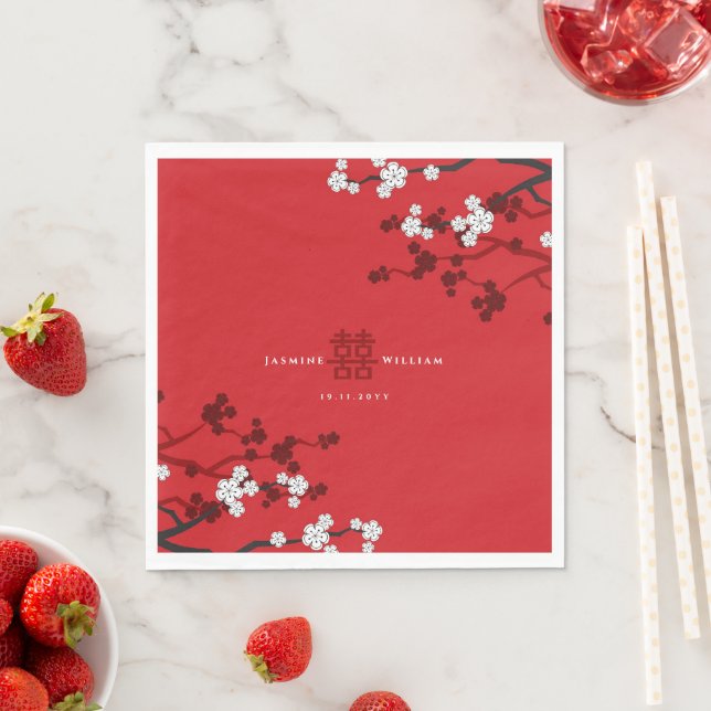 Cherry Blossoms & Double Happiness Chinese Wedding Napkins (Insitu)