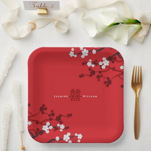 Cherry Blossoms  Double Happiness Chinese Wedding Paper Plates