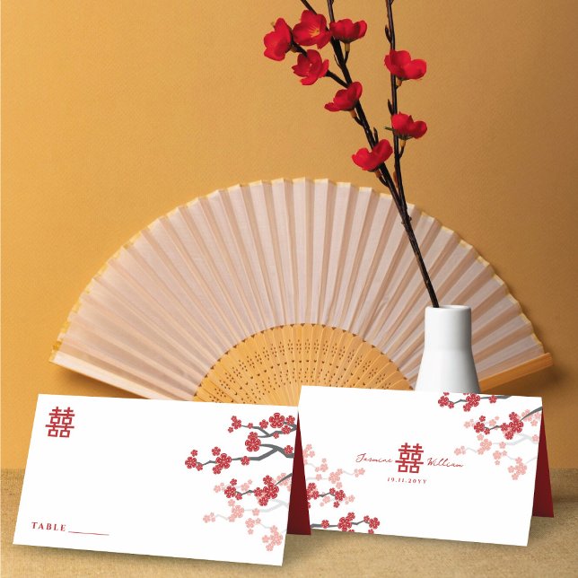 Cherry Blossoms & Double Happiness Chinese Wedding Place Card (Red Cherry Blossoms & Double Happiness Chinese Wedding Folded Place Card @ fatfatin_red_knot)
