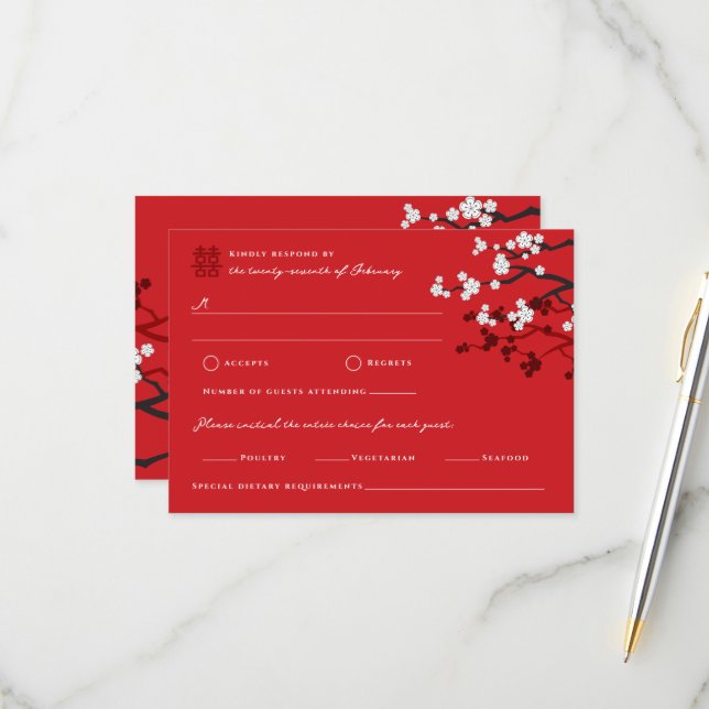 Cherry Blossoms Double Happiness Chinese Wedding RSVP Card (Front/Back In Situ)