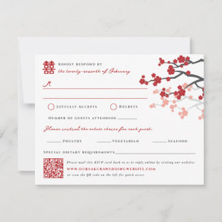 Cherry Blossoms & Double Happiness Chinese Wedding RSVP Card