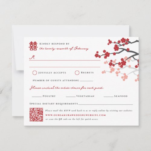 Cherry Blossoms & Double Happiness Chinese Wedding RSVP Card