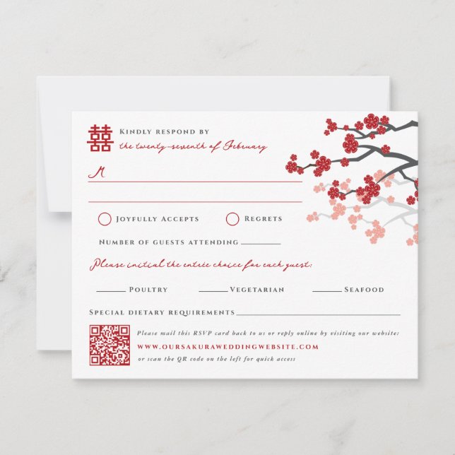 Cherry Blossoms & Double Happiness Chinese Wedding RSVP Card (Front)