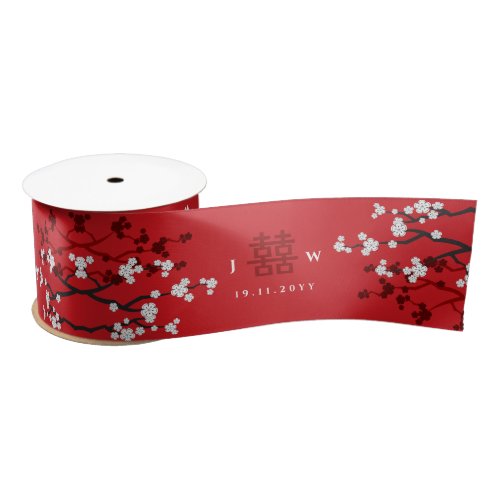 Cherry Blossoms Double Happiness Chinese Wedding Satin Ribbon