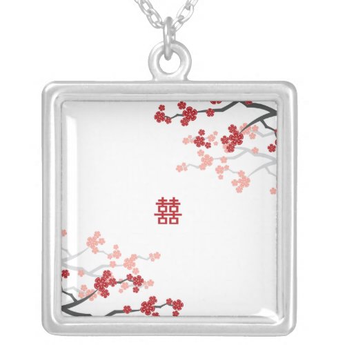 Cherry Blossoms  Double Happiness Chinese Wedding Silver Plated Necklace
