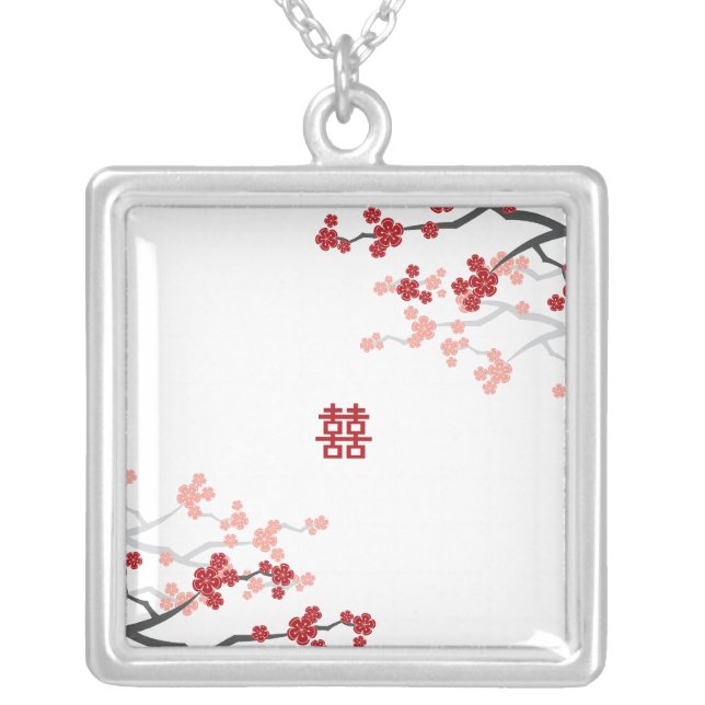 Cherry Blossoms & Double Happiness Chinese Wedding Silver Plated Necklace (Front)