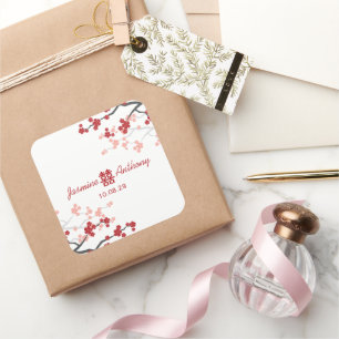 Cherry Blossoms Double Happiness Chinese Wedding Square Sticker