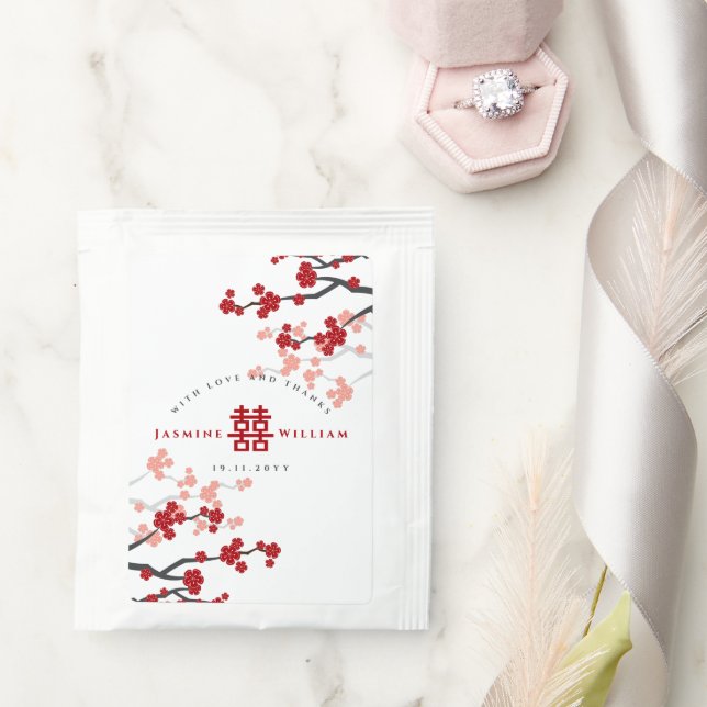Cherry Blossoms & Double Happiness Chinese Wedding Tea Bag Drink Mix (Wedding)
