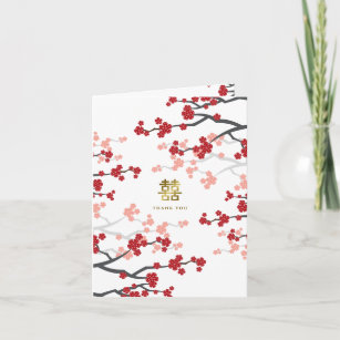 Cherry Blossoms Double Happiness Chinese Wedding Thank You Card