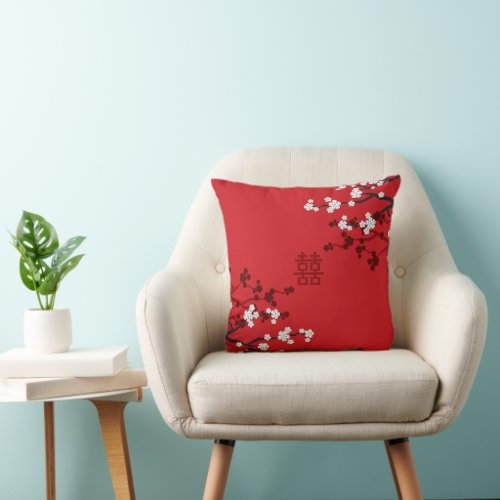 Cherry Blossoms Double Happiness Chinese Wedding Throw Pillow