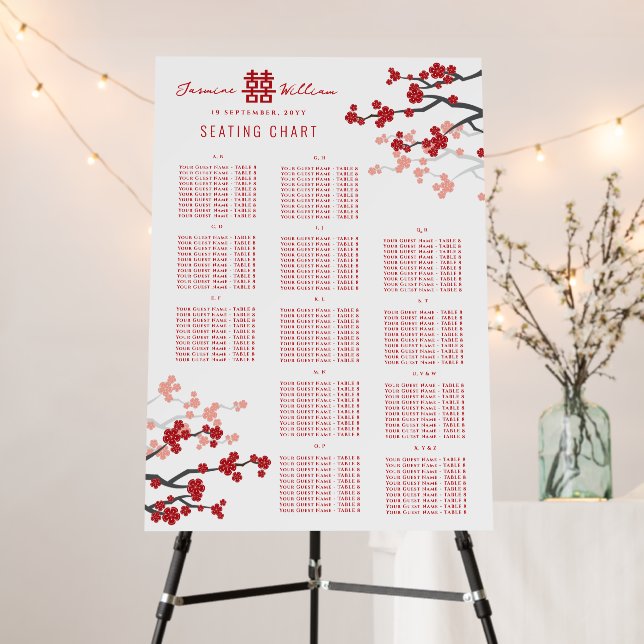 Cherry Blossoms Double Xi Asian Wedding Seat Chart Foam Board (In Situ (Stand))