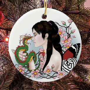 Cherry Blossoms Dragon Serenity Asian Fairy  Ceramic Ornament