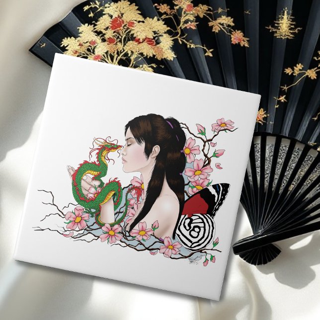 Cherry Blossoms Dragon Serenity Asian Fairy  Ceramic Tile (Creator Uploaded)