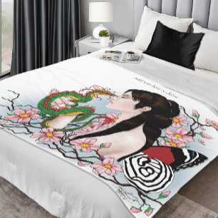 Cherry Blossoms Dragon Serenity Asian Fairy Fleece Blanket