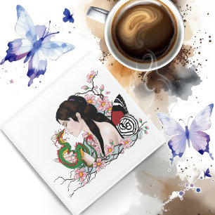 Cherry Blossoms Dragon Serenity Asian Fairy Glass Coaster