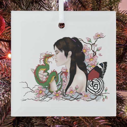 Cherry Blossoms Dragon Serenity Asian Fairy  Glass Ornament
