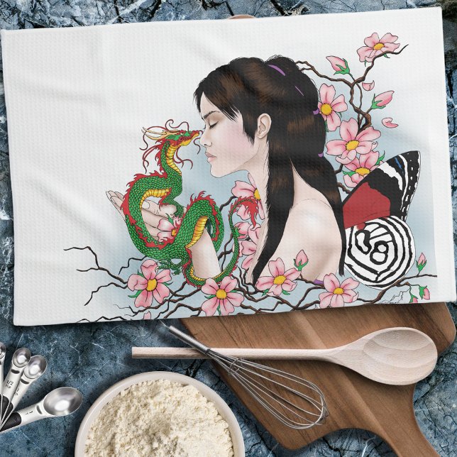 Cherry Blossoms Dragon Serenity Asian Fairy  Kitchen Towel (Creator Uploaded)