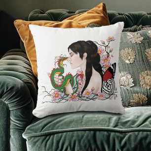 Cherry Blossoms Dragon Serenity Asian Fairy  Throw Pillow