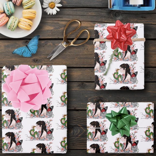 Cherry Blossoms Dragon Serenity Asian Fairy  Wrapping Paper Sheets (Creator Uploaded)