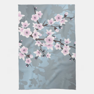 Cherry Blossoms Dusky Pink Blue Floral Towel