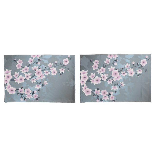 Cherry Blossoms Dusky Pink Grayish Blue Floral Pillow Case (Front-Set)