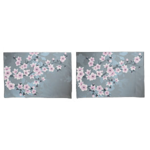 Cherry Blossoms Dusky Pink Slate Blue Floral Pillow Case