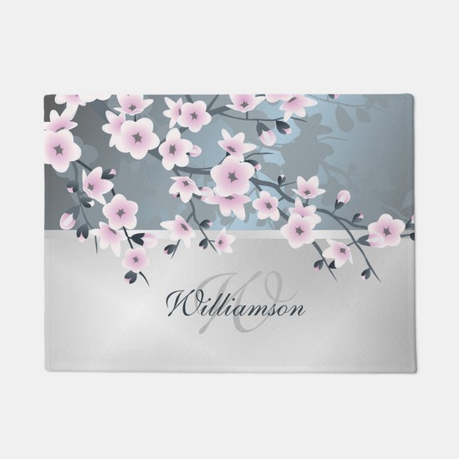Cherry Blossoms Dusky Pink Welcome Family Name Doormat (Front)