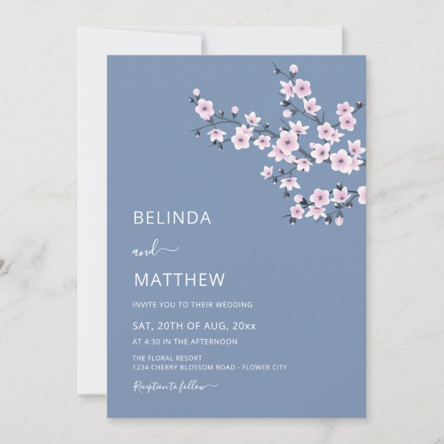 Cherry Blossoms Dusty Pink Blue Wedding Invitation (Front)