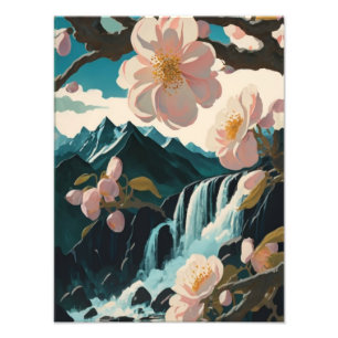 Cherry Blossoms Embrace a Tranquil Waterfall Photo Print