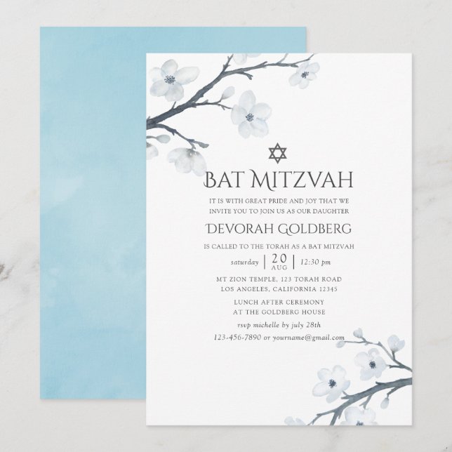 Cherry Blossoms Floral Bat Mitzvah Invitation (Front/Back)