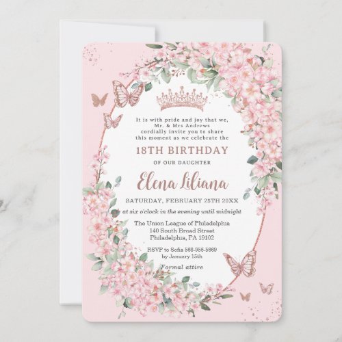 Cherry Blossoms Floral Butterflies 18th Birthday Invitation