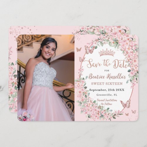 Cherry Blossoms Floral Butterflies Sweet 16 Photo Save The Date