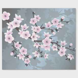 Cherry Blossoms Floral Dusky Pink Dusty Blue Wrapping Paper
