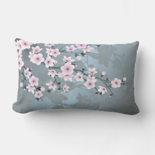 Cherry Blossoms Floral Dusty Pink Blue Lumbar Pillow