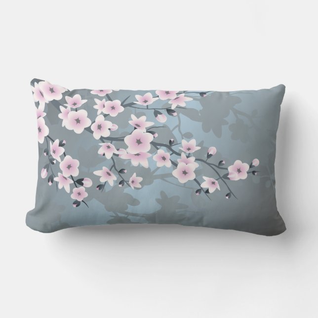 Cherry Blossoms Floral Dusty Pink Blue Lumbar Pillow (Front)