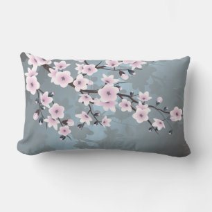 Cherry Blossoms Floral Dusty Pink Blue Lumbar Pillow