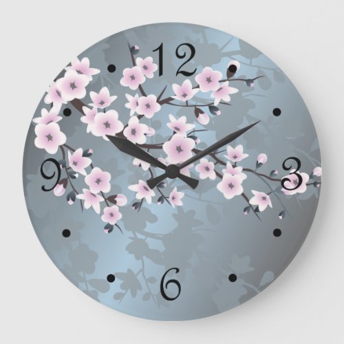 Cherry Blossoms Floral Dusty Pink Blue Numbers Large Clock