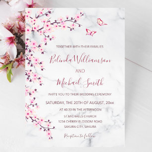 Cherry Blossoms   Floral Marble Wedding Invitation