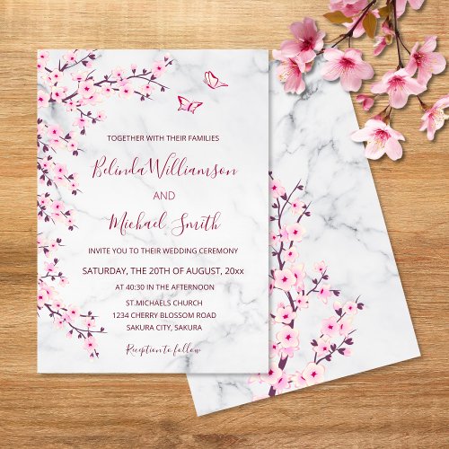 Cherry Blossoms  Floral Marble Wedding Invitation