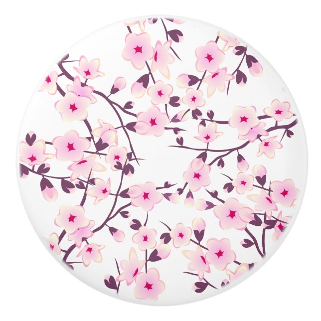 Cherry Blossoms Floral Pink White Ceramic Knob (Front)
